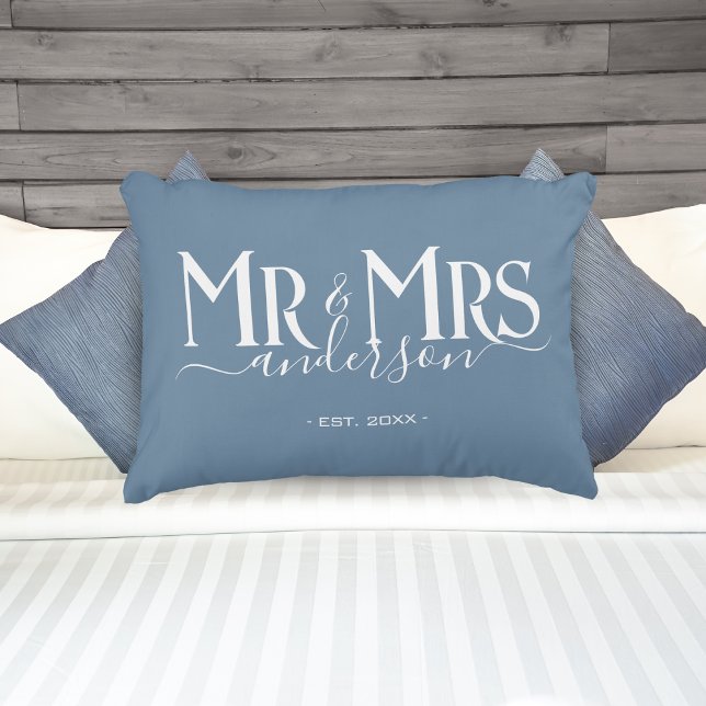 Coussins Décoratifs Dusty Blue Mr & Mrs Newlyved Couple Mariage (Dusty Blue Mr & Mrs Newlywed Couple Wedding Accent Pillow)
