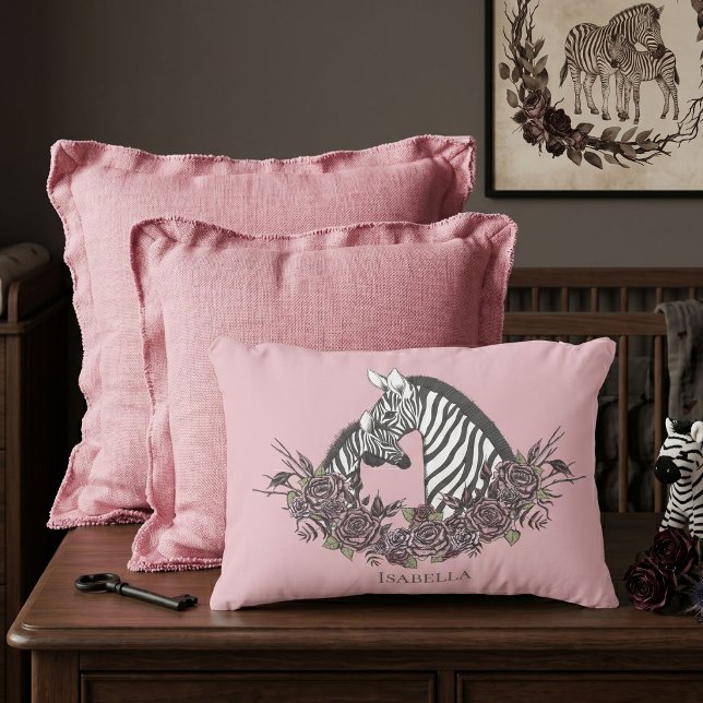 Coussins Décoratifs Dusty Pink Zebra Hand-Drawn Accent (Light mauve hand-drawn zebra mama and baby with moody roses for alternative soft gothic baby nursery)