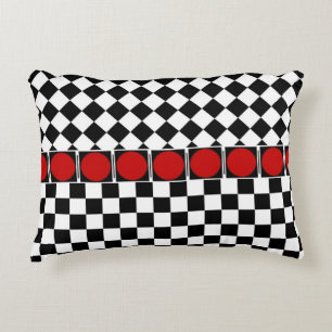 Coussins Décoratifs Élégant bande rouge damier demi-diamant noir blanc