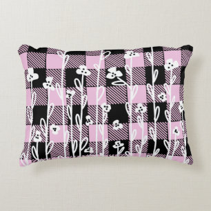 Coussins Décoratifs Élégant doodé noir rose floral plaid motif