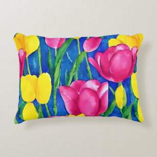Coussins Décoratifs Elégante aquarelle artistique tulipes bleu jaune