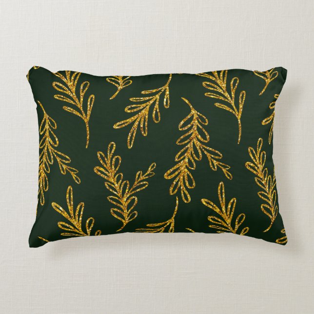 Coussins Décoratifs Emerald Green et Gold Floral Sprig Lumbar (Devant)