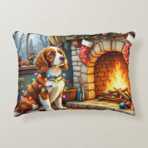 Coussins Décoratifs Épagneul Breton cheminée avec lumières de Noël
