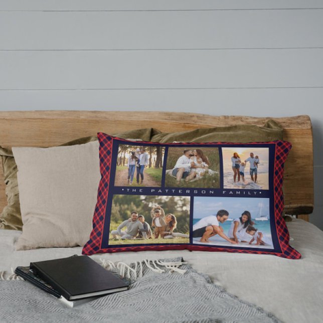 Coussins Décoratifs Family Name 5 Photo Collage Red Plaid Modern (Créateur téléchargé)