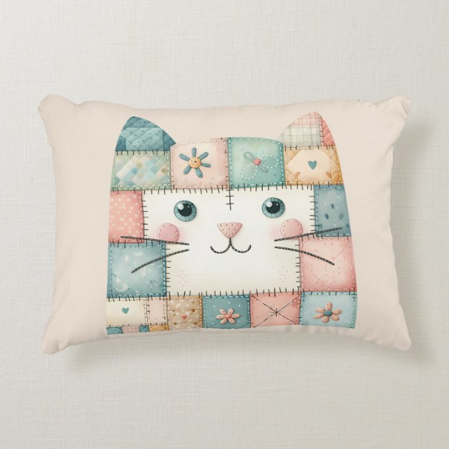 Coussins Décoratifs Fausse Maisonnette Pastel Patchwork Visage de Chat (Devant)