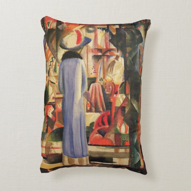 Coussins Décoratifs Femme devant une vitrine de magasin par August Mac (Dos(Vertical))