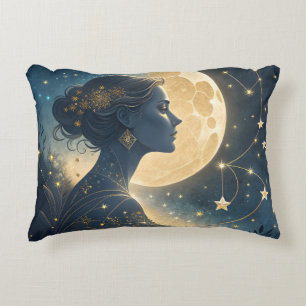 Coussins Décoratifs Femme Élégante sous la Lune et les Étoiles Dorées