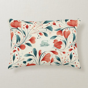 Coussins Décoratifs Feuille bleue blanche et motif floral rouge