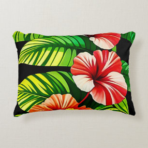 Coussins Décoratifs Feuilles tropicales colorées et fleurs d'Hibiscus 