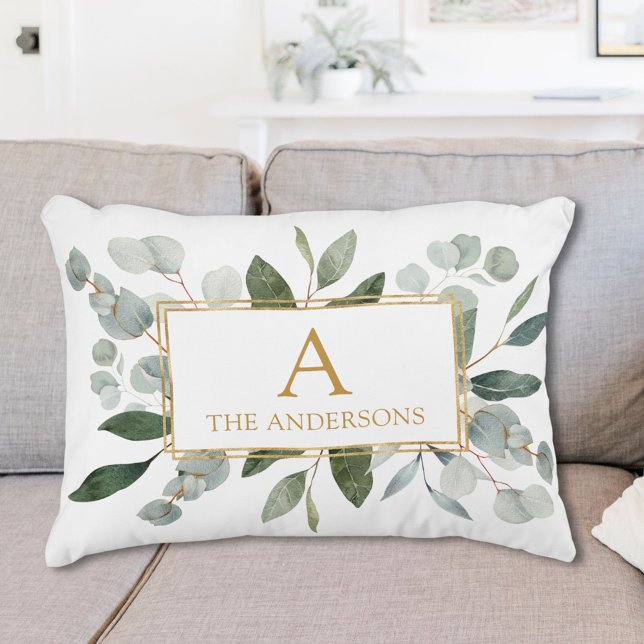 Coussins Décoratifs Feuilles tropicales vertes aquarelle monogramme (Créateur téléchargé)