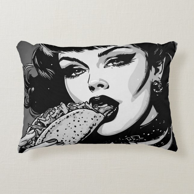 Coussins Décoratifs Fille gothique de style graphique BW 50s mangeant  (Devant)
