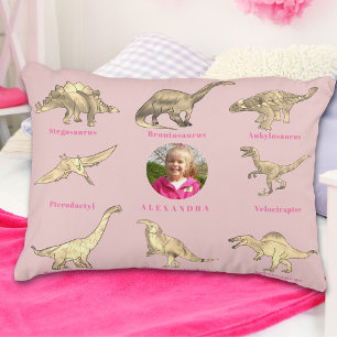 Coussins Décoratifs Filles Dinosaures Nom et Photo Personnalisés Rose