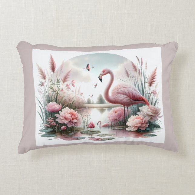 Coussins Décoratifs Flamant rose en Pastel Pond Floral Scene (Devant)