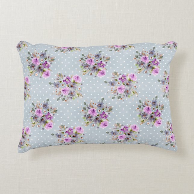 Coussins Décoratifs Fleur aquarelle violette à pois bleus et blancs  (Devant)