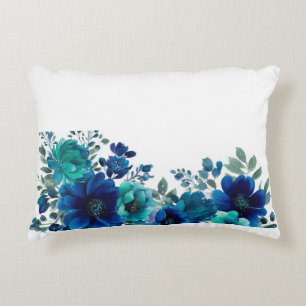 Coussins Décoratifs Fleur Bleu Sarcelle Marine Aquarelle de Bas en Hau