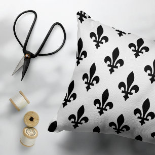 Coussins Décoratifs Fleur de Lis Motif, Royal French, Noir sur Blanc