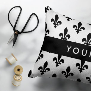 Coussins Décoratifs Fleur de Lis, Noir sur Blanc, Noir, Votre Nom