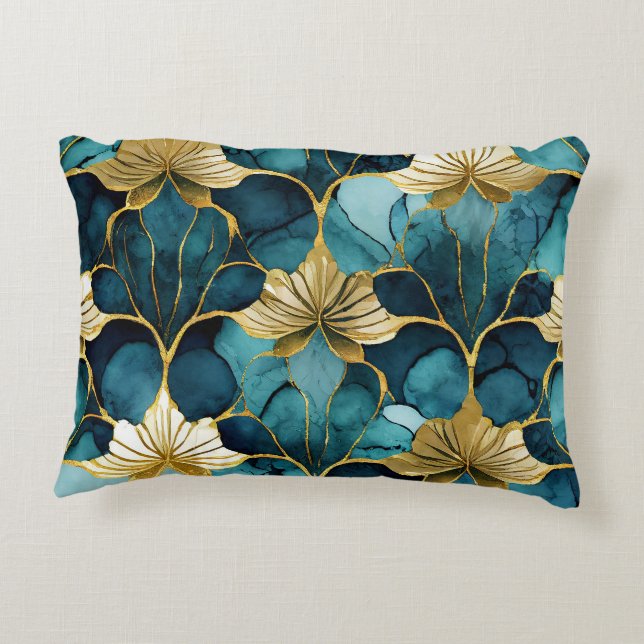 Coussins Décoratifs Fleur Japonaise Sarcelle Or (Dos)