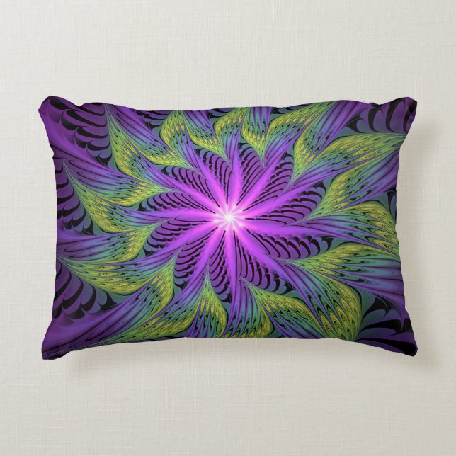Coussins Décoratifs Fleur verte violette Art abstrait fractal moderne (Devant)