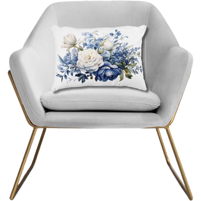 Coussins Décoratifs Fleurs aquarelles florales blanches bleues Élégant (Blue White Floral Flowers Watercolor Accent Pillow. Lumbar Rectangular Pillow. Bedroom Pillow)