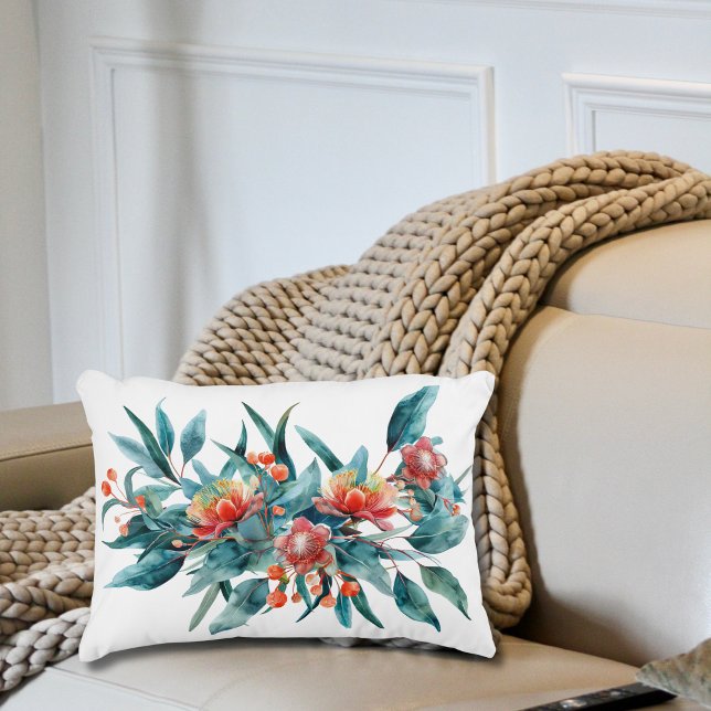 Coussins Décoratifs Fleurs australiennes verdoyantes à l'aquarelle rou (Red Australian Watercolor Floral Flowers with Greenery Lumbar throw pillow. )