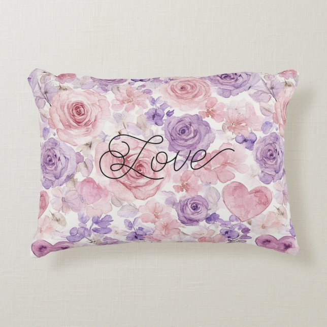 Coussins Décoratifs Fleurs Cœurs Blush Violet Rose  (Devant)