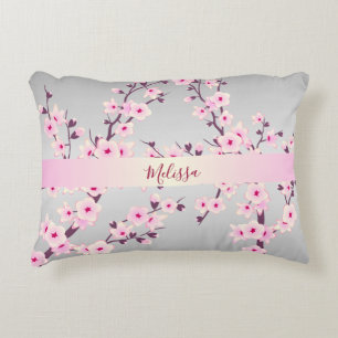 Coussins Décoratifs Fleurs de cerisier Floral Votre Nom/Texte Rose Gri