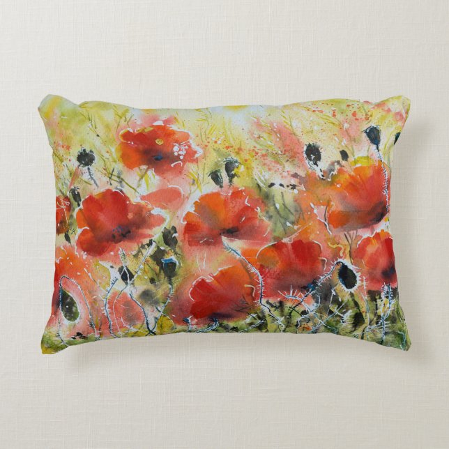 Coussins Décoratifs Fleurs de pavot rouge, aquarelle douce. (Devant)