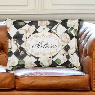 Coussins Décoratifs Fleurs de rose vintage en diamant noir et blanc de