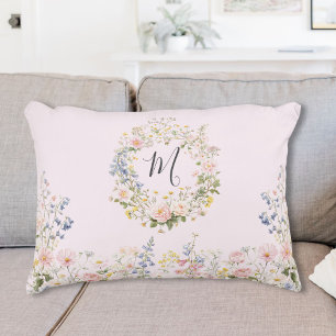 Coussins Décoratifs Fleurs Florales Rose Bleu Aquarelle Monogramme