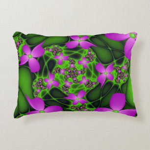 Coussins Décoratifs Fleurs fractales Abstraites de néon rose vert