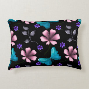 Coussins Décoratifs Fleurs roses fantaisistes et papillon bleu sans co