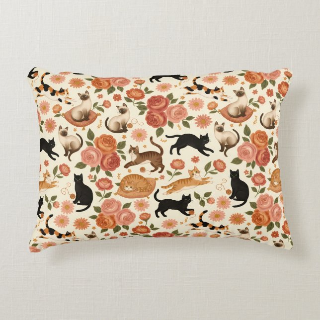 Coussins Décoratifs Floral Felines: Cozy Cats & Blooms Pattern (Devant)