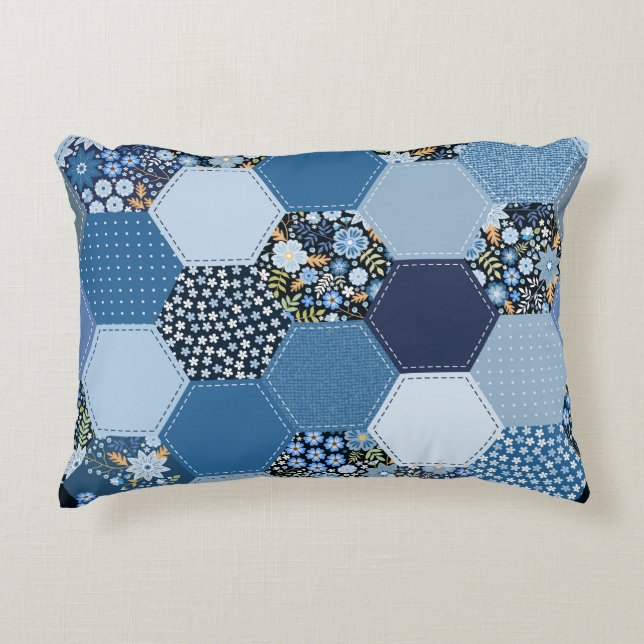 Coussins Décoratifs Floral, patchwork de denim : motif bleu. (Devant)