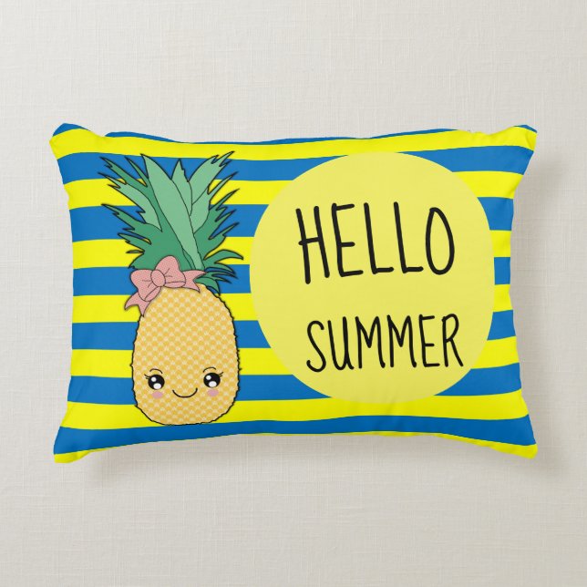 Coussins Décoratifs Fruit d'ananas Kawaii Hello Summer Bleu Stripe (Devant)