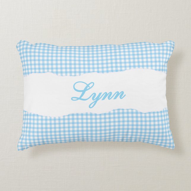 Coussins Décoratifs Gingham Bleu Rustique Nom Personnalisé (Devant)