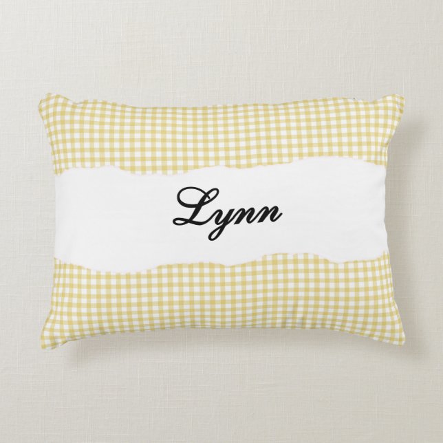 Coussins Décoratifs Gingham Jaune Rustique Nom Personnalisé (Devant)