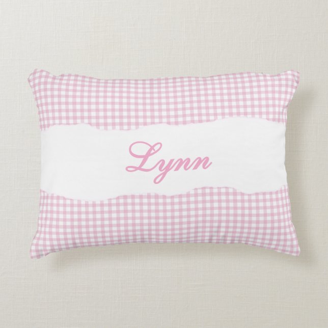 Coussins Décoratifs Gingham Rose Rustique Nom Personnalisé (Devant)