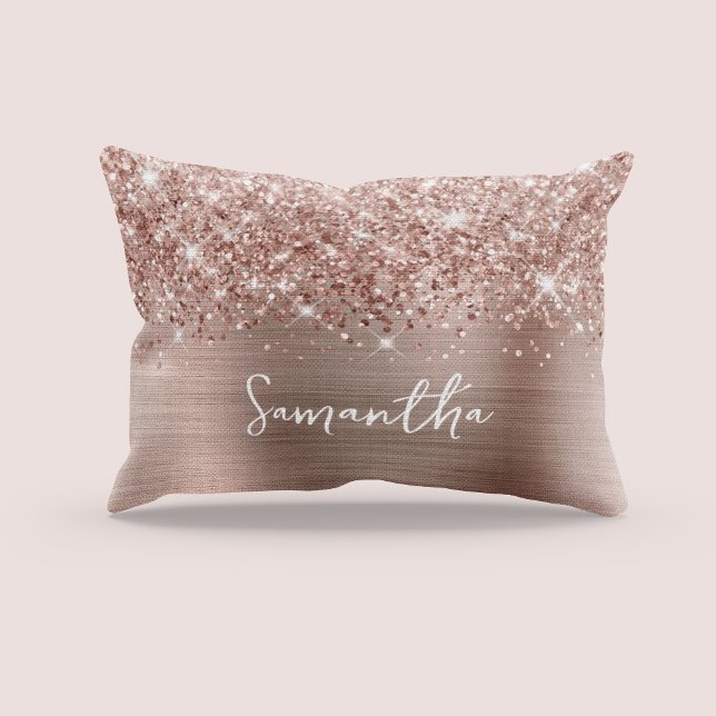 Coussins Décoratifs Glitter Rose Gold Glam Nom du script (Glittery Rose Gold Glam Script Name Accent Pillow)
