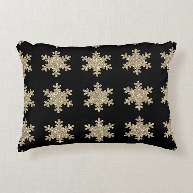 Coussins Décoratifs Glittery Gold Snowflakes Motif Black Cute 2023 (Devant)