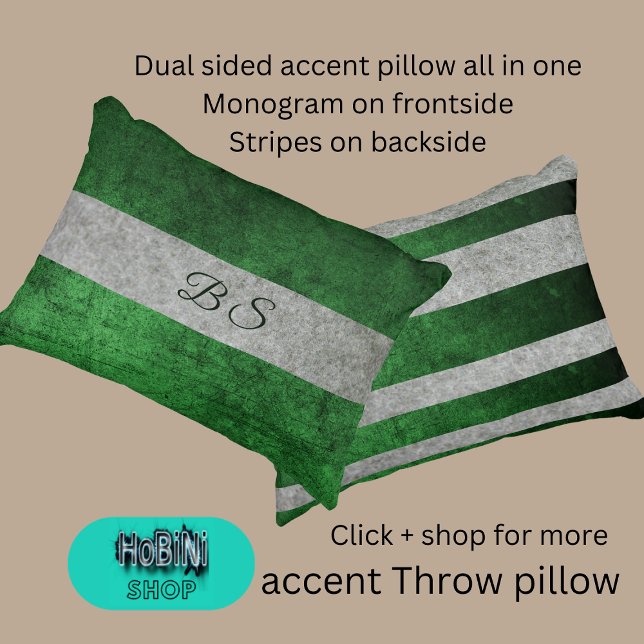Coussins Décoratifs gris vert double face & monogramme & rayures (Dual sided accent throw pillow all in one
Monogram on frontside
Stripes on backside)