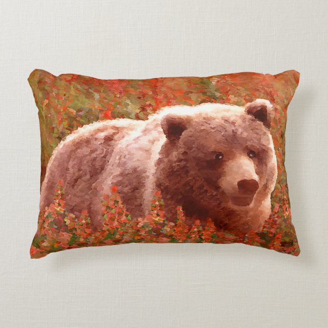 Coussins Décoratifs Grizzly Bear Cub dans Fireweed Peinture Art de la  (Devant)