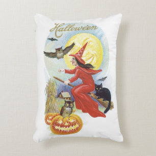 Coussins Décoratifs Halloween vintage, Sorcière volante avec un chat n