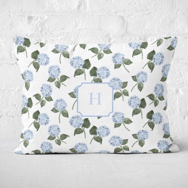 Coussins Décoratifs Hydrangée Bleue Fleur Monogramme   (Hydrangea Bloom Blue Monogram Lumbar Pillow)