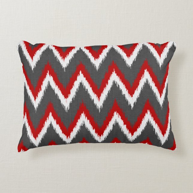 Coussins Décoratifs Ikat Chevron Stripes - Rouge, Blanc et Gris / Gris (Devant)