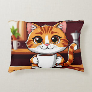 Coussins Décoratifs Illustration de chat tigré orange mignon avec tass