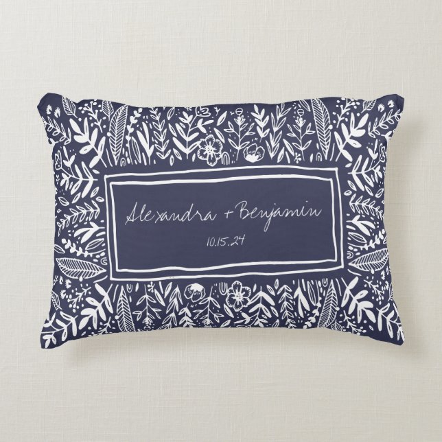 Coussins Décoratifs Jardin Floral en Bordure Bleue Mariage personnalis (Devant)