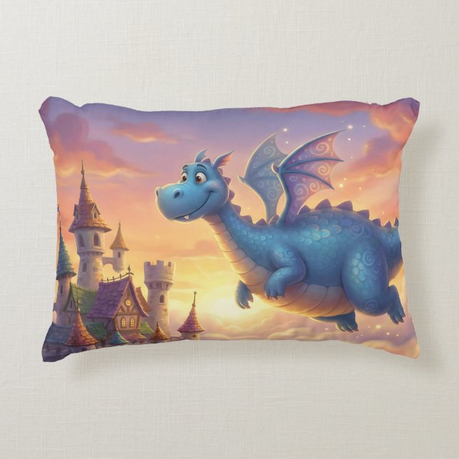Coussins Décoratifs Joli dragon bleu volant au-dessus d'un château (Devant)