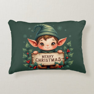 Coussins Décoratifs Joli Lutin de Noël Tenant un Panneau Joyeux Vert