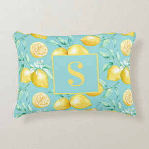 Coussins Décoratifs Joli motif de citron jaune sur monogramme bleu cla